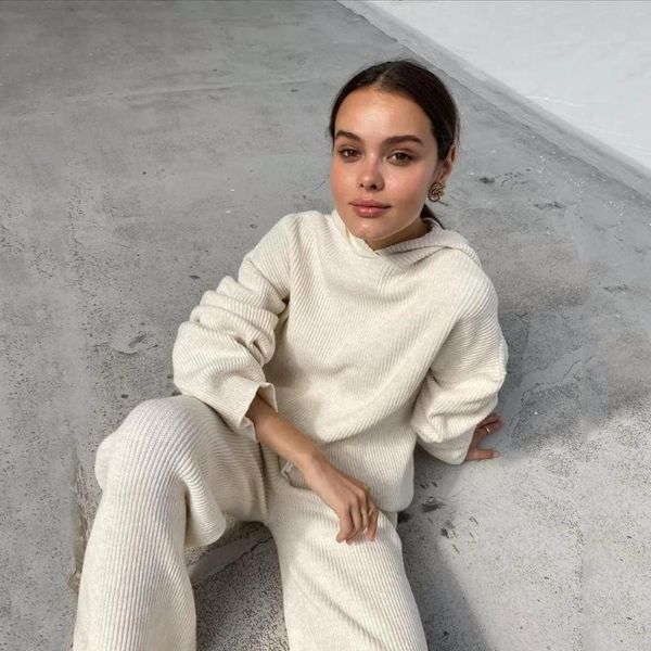 women's two piece pants 2021 knitted suit loose lazy wind 2 set autumn and hooded collar casual tracksuit for women, White
women's two piece pants 2021 knitted suit loose lazy wind 2 set autumn and hooded collar casual tracksuit for women, White