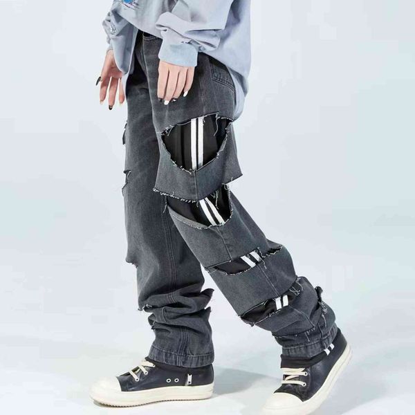 weilang's shop hole stitching jeans men's ins chic design pants american fried street loose sweatpants, Blue
weilang's shop hole stitching jeans men's ins chic design pants american fried street loose sweatpants, Blue