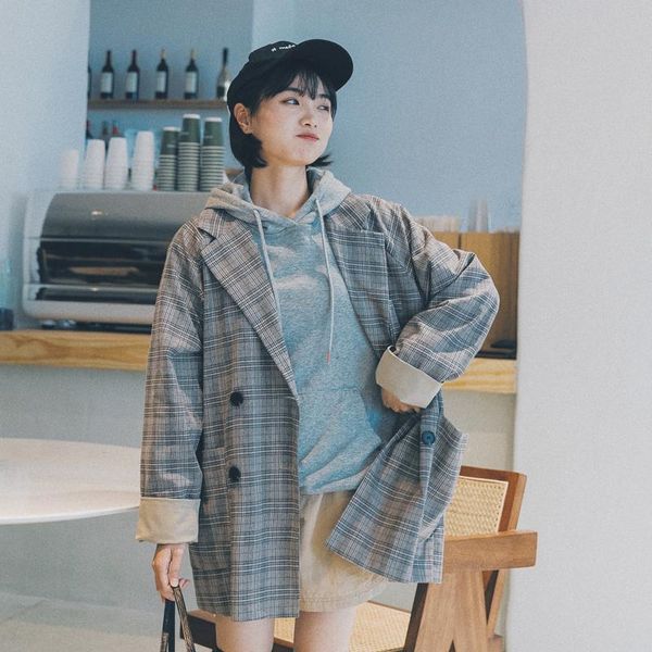 2021 spring elegant series women blazer feminino coat double breasted lapel gray plaid jacket office femme korean clothing, White;black
2021 spring elegant series women blazer feminino coat double breasted lapel gray plaid jacket office femme korean clothing, White;black