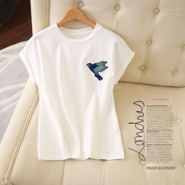 women's t-shirt 2021 rolled sleeve round neck embroidered bird cotton for women, White
women's t-shirt 2021 rolled sleeve round neck embroidered bird cotton for women, White