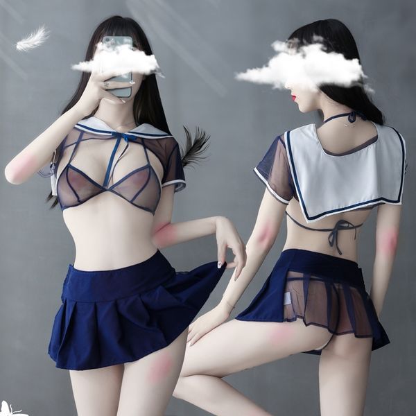 jk uniform student cos miniskirt thin perspective sailor dress three points, Black;white
jk uniform student cos miniskirt thin perspective sailor dress three points, Black;white