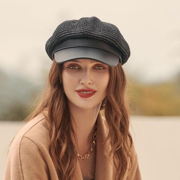 stingy brim hats 2021 autumn winter octagonal hat women classic plaid pu stitching cap striped retro korean for female warm peaked caps, Blue;gray
stingy brim hats 2021 autumn winter octagonal hat women classic plaid pu stitching cap striped retro korean for female warm peaked caps, Blue;gray