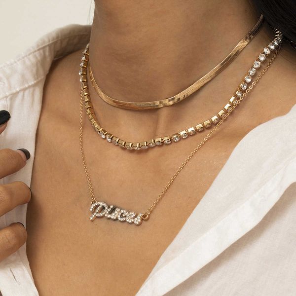 jewelry simple flat snake claw chain multi-layer female personality diamond letter pendant necklace, Silver
jewelry simple flat snake claw chain multi-layer female personality diamond letter pendant necklace, Silver
