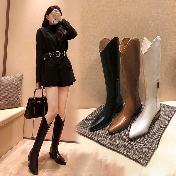 2021 pointed wtern cowboy high women's knee thin thick heel leather long knight boots, Black
2021 pointed wtern cowboy high women's knee thin thick heel leather long knight boots, Black