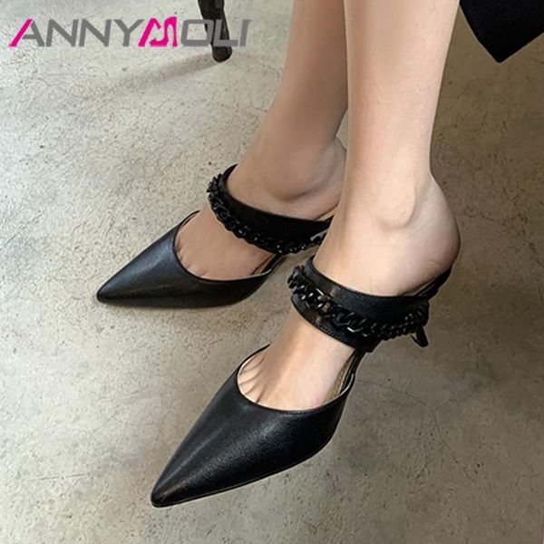 slippers annymoli women genuine leather shoes pointed toe high heels sandals kitten heel metal decoration mules lady summer 40, Black
slippers annymoli women genuine leather shoes pointed toe high heels sandals kitten heel metal decoration mules lady summer 40, Black