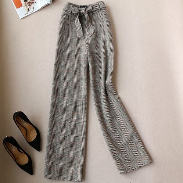2021 new plaid wool high office waist lady drape loose casual bow bandage straight legged pants 0zla, Black;white
2021 new plaid wool high office waist lady drape loose casual bow bandage straight legged pants 0zla, Black;white