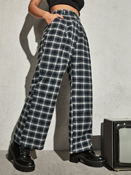 button waist slant pocket plaid wide leg pants y6go#, Black;white