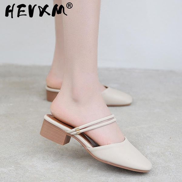sandals slippers summer 2021 square thick heel single shoes baotou mid-heel high large size women's va422, Black
