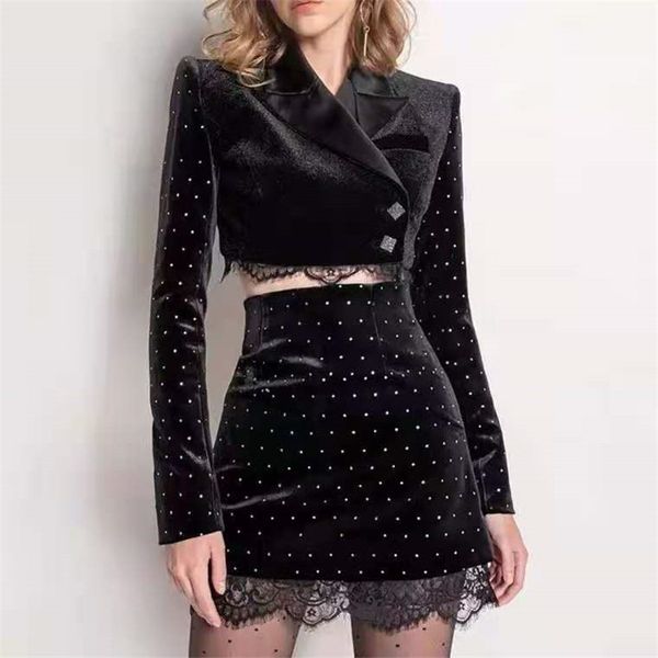 two piece dress fashion women set dot velvet long sleeve black jacket + waist lace patchwork mini skirt suit ww5l, White
two piece dress fashion women set dot velvet long sleeve black jacket + waist lace patchwork mini skirt suit ww5l, White
