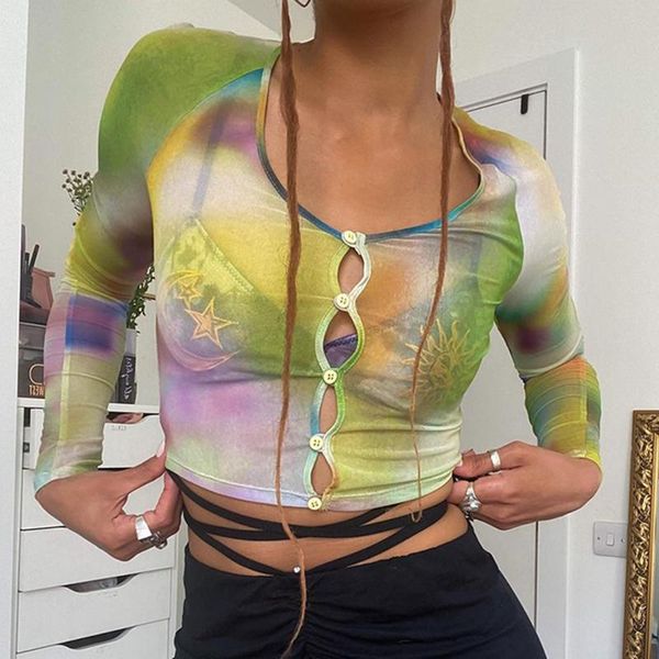 women's t-shirt y2k aesthetic tie dye tranparent button up slim fit long sleeve crop see through tshirt women summer streetwear, White
women's t-shirt y2k aesthetic tie dye tranparent button up slim fit long sleeve crop see through tshirt women summer streetwear, White