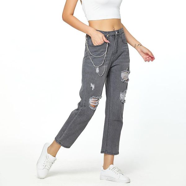 women's jeans loose solid color denim pants pocket chain decoration ripped holes trousers girl's leisure slim bottom, Blue
women's jeans loose solid color denim pants pocket chain decoration ripped holes trousers girl's leisure slim bottom, Blue