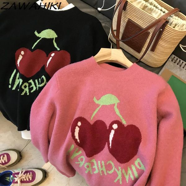 women's sweaters zawahiki oversize sweater casual o neck sweet cherry embroidery fashion wool long sleeve knitted pullover, White;black
women's sweaters zawahiki oversize sweater casual o neck sweet cherry embroidery fashion wool long sleeve knitted pullover, White;black