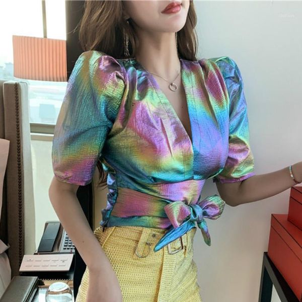 women's blouses & shirts holographic shirt women short sleeve lace woman laser summer dazzling, White
women's blouses & shirts holographic shirt women short sleeve lace woman laser summer dazzling, White