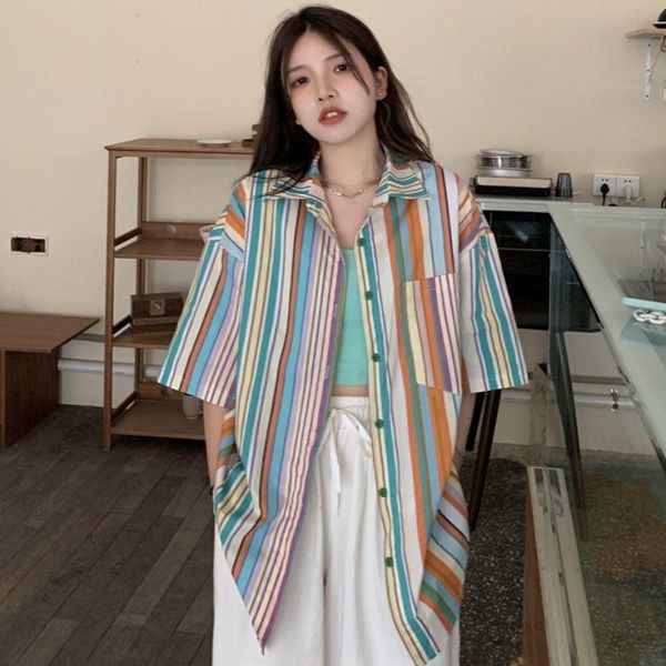 women's blouses & shirts houzhou striped shirt summer 2021 harajuku oversized short sleeve cardigan vintage korean fashion rainbow chic, White
women's blouses & shirts houzhou striped shirt summer 2021 harajuku oversized short sleeve cardigan vintage korean fashion rainbow chic, White