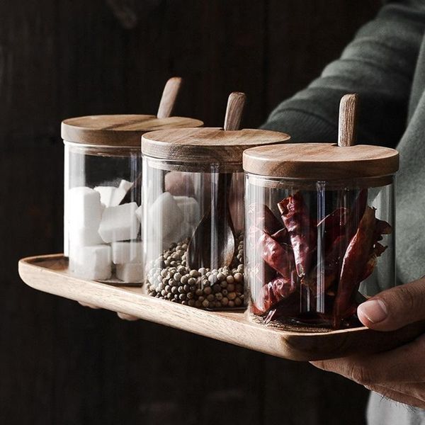 glass seasoning jar wooden tray set containers salt sugar jars with spoon wood lid condiment box spice pot kitchen storage tank
glass seasoning jar wooden tray set containers salt sugar jars with spoon wood lid condiment box spice pot kitchen storage tank