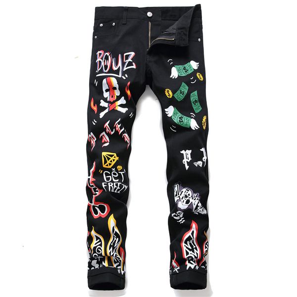 new men's colorful skull letters black fashion jeans thin denim breeches straight myg7, Blue
new men's colorful skull letters black fashion jeans thin denim breeches straight myg7, Blue
