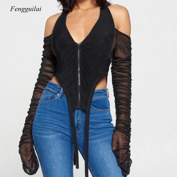 women's t-shirt ruched patchwork women crop mesh halter see through long sleeve off shoulder zipper bodycon club streetwear, White
women's t-shirt ruched patchwork women crop mesh halter see through long sleeve off shoulder zipper bodycon club streetwear, White
