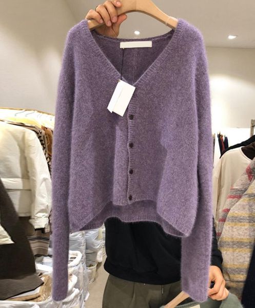 women's knits & tees south korea dongdaemun 2021 autumn sweet idle style v-neck loose knitted cardigan solid color sweater coat women, White 
women's knits & tees south korea dongdaemun 2021 autumn sweet idle style v-neck loose knitted cardigan solid color sweater coat women, White