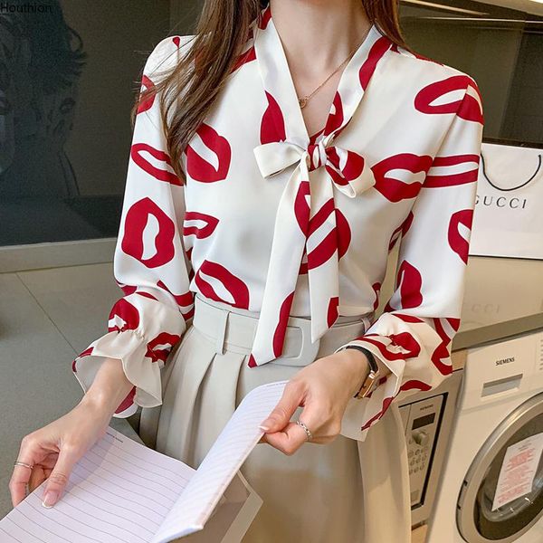 women's blouses & shirts chiffon casual korean bow peint loose plus size fashion summer lady long sleeve houthion, White