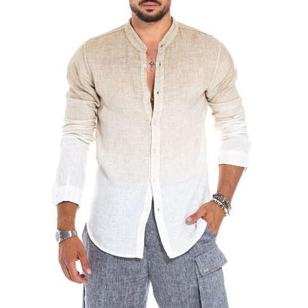 men's casual shirt 2021 summer linen gradient long-sleeved fashion stand-up collar loose shirt for men, White;black
men's casual shirt 2021 summer linen gradient long-sleeved fashion stand-up collar loose shirt for men, White;black