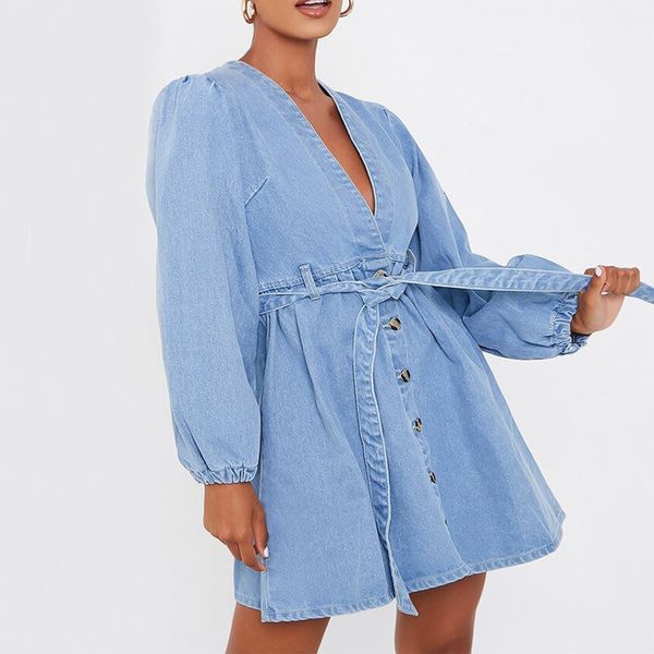 2021 new women's long sleeve deep v neck big swing jean skirt with sashes female casual chic button down denim vestidos tnxo, Black;gray
2021 new women's long sleeve deep v neck big swing jean skirt with sashes female casual chic button down denim vestidos tnxo, Black;gray