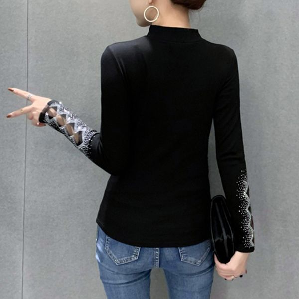 2021 new fall winter korean style t-shirt hollow out turtleneck patchwork shiny dimonds women with fleece cotton tees t0n507a su5n, White 
2021 new fall winter korean style t-shirt hollow out turtleneck patchwork shiny dimonds women with fleece cotton tees t0n507a su5n, White