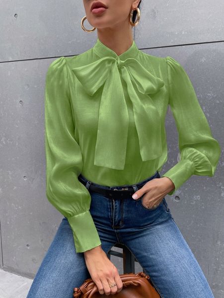tie neck puff sleeve satin blouse t54d#, White 
tie neck puff sleeve satin blouse t54d#, White