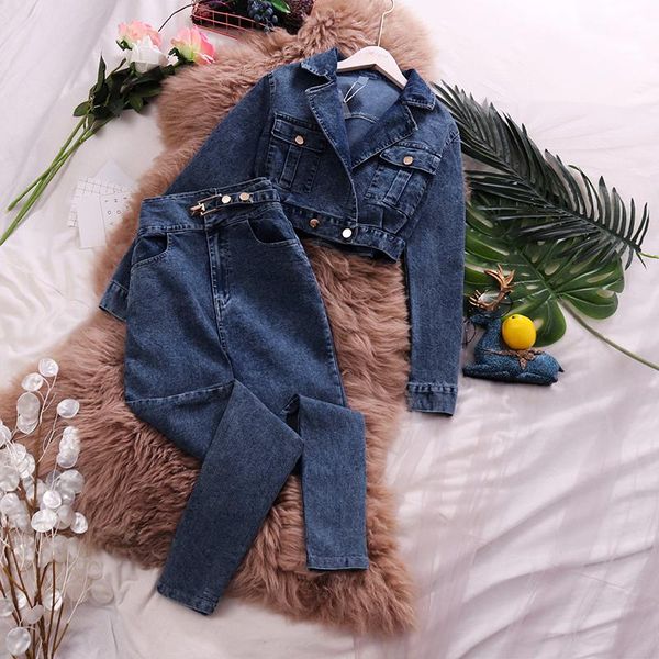women's tracksuits 2021 spring hong kong style temperament suit collar long sleeve short denim jacket high waist pants women, Gray
women's tracksuits 2021 spring hong kong style temperament suit collar long sleeve short denim jacket high waist pants women, Gray