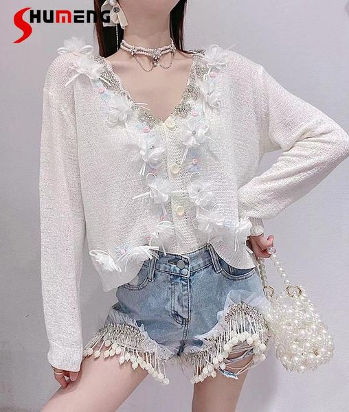 women's knits & tees 2021 summer sweet exquisite rhinestone v-neck knitted cardigan ladies fashion 3d flower ice silk solid sweater, White
women's knits & tees 2021 summer sweet exquisite rhinestone v-neck knitted cardigan ladies fashion 3d flower ice silk solid sweater, White