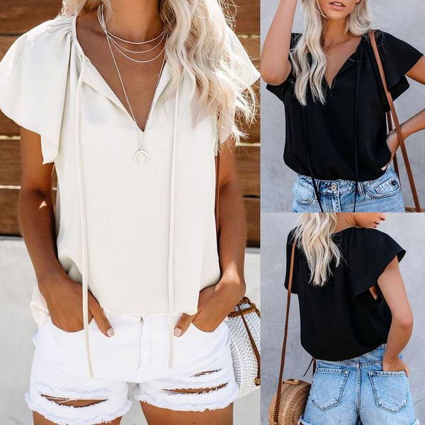 women's t-shirt ruffle short sleeve fashion solid color y2k 2021 summer casual female v-neck drawstring tee streetwear, White
women's t-shirt ruffle short sleeve fashion solid color y2k 2021 summer casual female v-neck drawstring tee streetwear, White