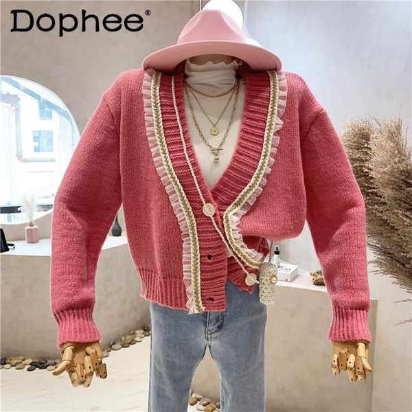 women's knits & tees sweater cardigan coat women 2021 autumn clothes loose v-neck outerwear lace patchwork knitted female jacket crop t, White
women's knits & tees sweater cardigan coat women 2021 autumn clothes loose v-neck outerwear lace patchwork knitted female jacket crop t, White