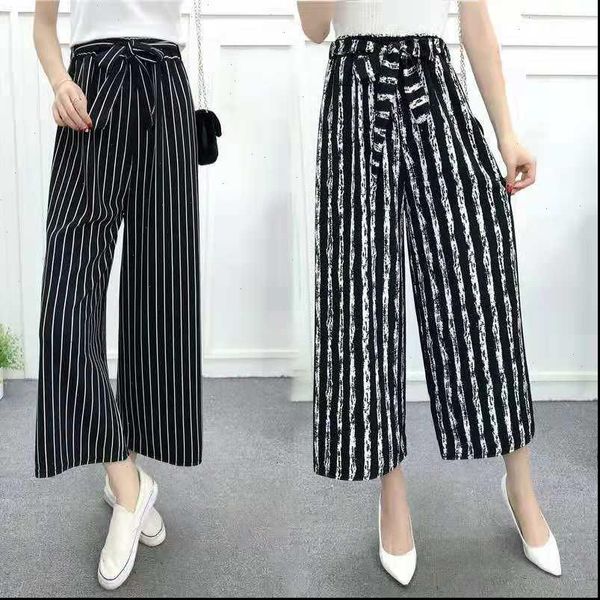 vertical stripes casual wide leg pants female summer and autumn new splash ink high waist large size bow tie nine points legging, Black;white