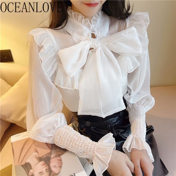 oceanlove chiffon blouse women solid lace up bow spring shirts elegant korean office ladies ruffles blusas mujer 210302, White
oceanlove chiffon blouse women solid lace up bow spring shirts elegant korean office ladies ruffles blusas mujer 210302, White