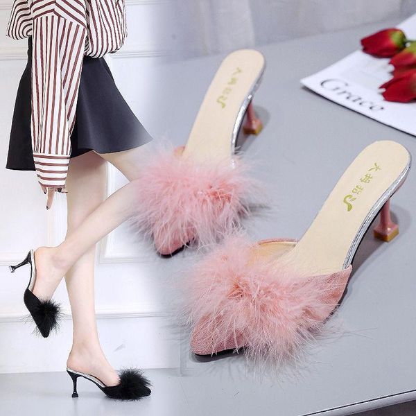new summer pumps women shoes sandals transparent feather crystal high heels fur pointed toe mules slides furry slippers, Black
new summer pumps women shoes sandals transparent feather crystal high heels fur pointed toe mules slides furry slippers, Black