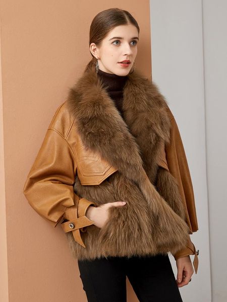 women's leather & faux 2021 winter fashion fur one female short coat young silhouette, Black
women's leather & faux 2021 winter fashion fur one female short coat young silhouette, Black