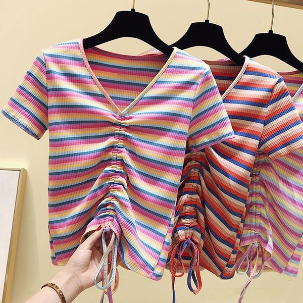 women's t-shirt size s-xl summer cotton sweet rainbow striped cropped t-shirts women short sleeve chic crop tshirt for girls ff2031, White
women's t-shirt size s-xl summer cotton sweet rainbow striped cropped t-shirts women short sleeve chic crop tshirt for girls ff2031, White