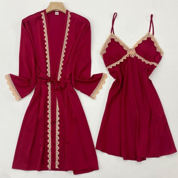 women's sleepwear burgundy wedding robe nightgown set female nightdress silk rayon kimono bath gown lace trim home wear nightwear, Black;red
women's sleepwear burgundy wedding robe nightgown set female nightdress silk rayon kimono bath gown lace trim home wear nightwear, Black;red