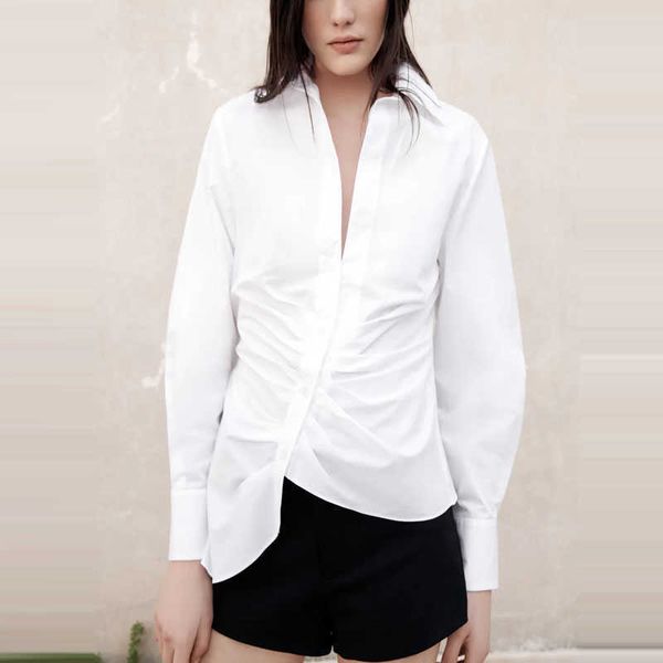za white draped poplin shirt women long sleeve asymmetric hem ruched woman chic button up vintage spring shirts 210602 
za white draped poplin shirt women long sleeve asymmetric hem ruched woman chic button up vintage spring shirts 210602