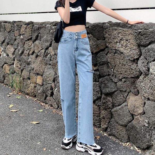 women's jeans light blue high waist double button ripped straight back hollow loose wide leg frayed hem denim trousers
women's jeans light blue high waist double button ripped straight back hollow loose wide leg frayed hem denim trousers