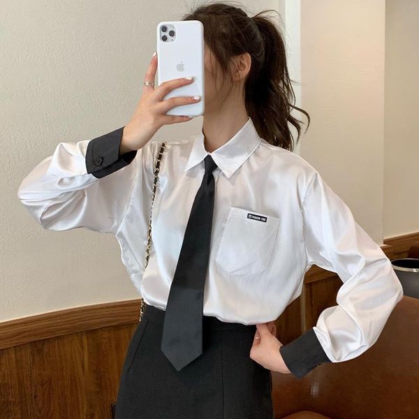 2021 korean spring fashion women blouses acetate with tie preppy style pocket shirts long sleeve blouses female blusas mujer, White
2021 korean spring fashion women blouses acetate with tie preppy style pocket shirts long sleeve blouses female blusas mujer, White