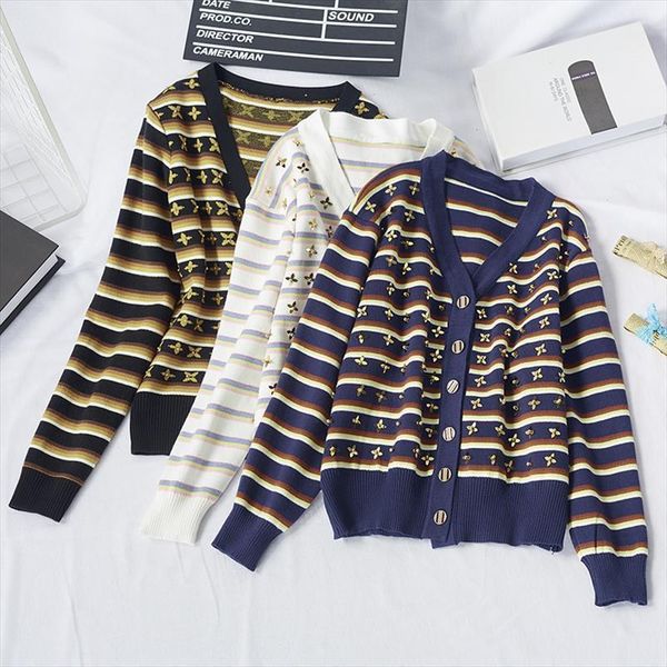 fashion v neck women cardigans womens sweater korean single breated long sleeve knit vintage striped patchwork outwear, White;black
fashion v neck women cardigans womens sweater korean single breated long sleeve knit vintage striped patchwork outwear, White;black