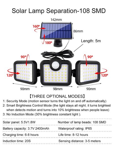 solar lamps 108 smd led light outdoor 3 head motion sensor 270 wide angle illumination waterproof lights wall lamp for garden garage
solar lamps 108 smd led light outdoor 3 head motion sensor 270 wide angle illumination waterproof lights wall lamp for garden garage