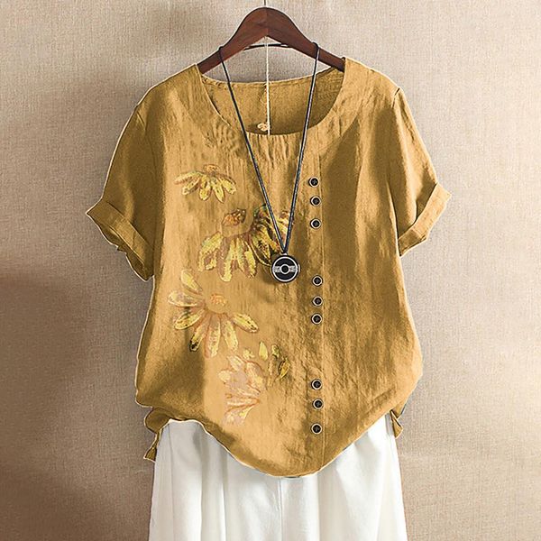 plus size daisy print buttons blouse shirts elegant o neck cotton linen blouses women short sleeve pullover blusa feminina, White
plus size daisy print buttons blouse shirts elegant o neck cotton linen blouses women short sleeve pullover blusa feminina, White