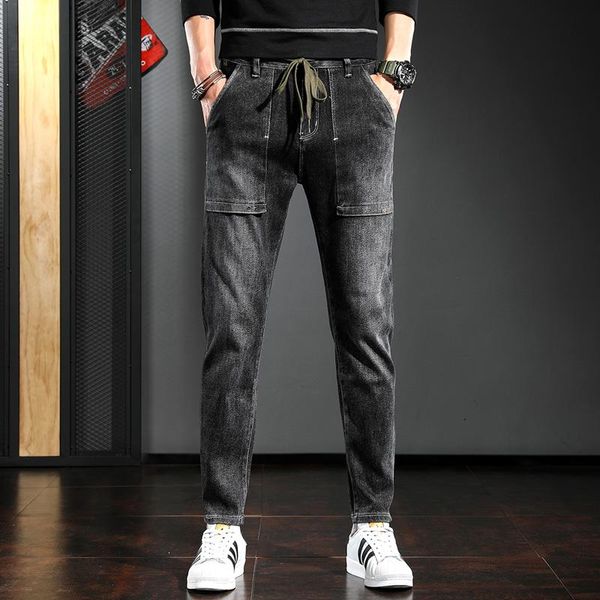 men's jeans men gray black slim fit pencil pants fashion streetwear drawstring denim trousers, Blue
men's jeans men gray black slim fit pencil pants fashion streetwear drawstring denim trousers, Blue