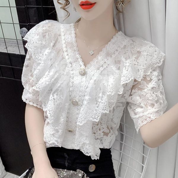 women's blouses & shirts lace white blouse 2021 women stitching short sleeve loose retro summer mesh female ruffle 317j
women's blouses & shirts lace white blouse 2021 women stitching short sleeve loose retro summer mesh female ruffle 317j