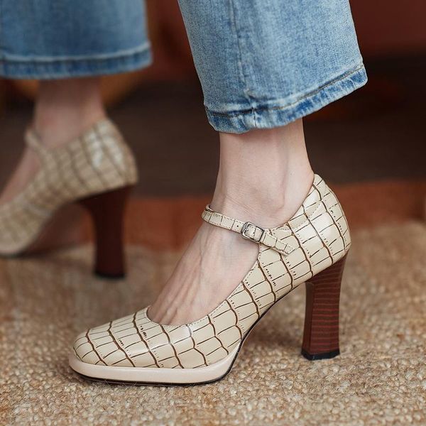 size 33-43 waterproof round toe high heels genuine leather women heels shoes fashion basic shoes heel, Black