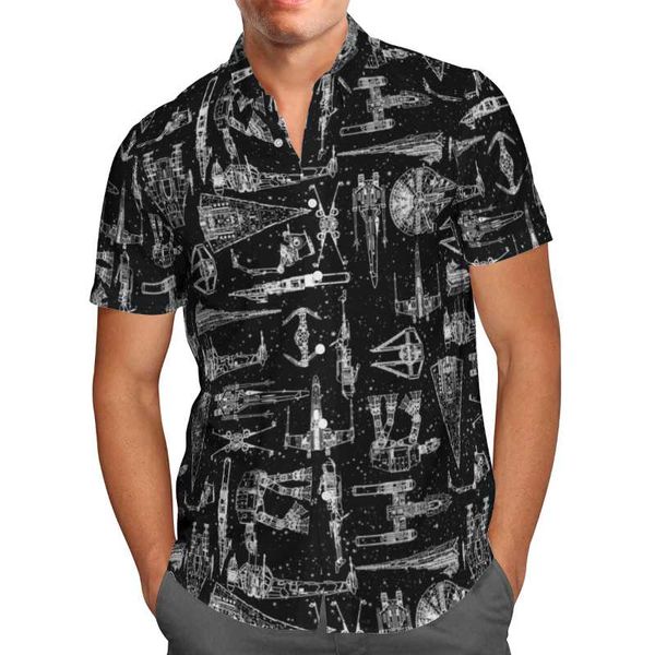 men's casual shirts spaceship 3d beach hawaiian 2021 summer black shirt short sleeve streetwear oversized 5xl camisa social chemise hom, White;black
