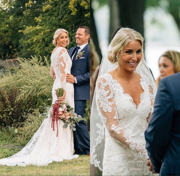 vintage full lace mermaid wedding dresses country v neck illusion long sleeve appliuqed rustic boho wedding dress bridal gowns buttons back, White
vintage full lace mermaid wedding dresses country v neck illusion long sleeve appliuqed rustic boho wedding dress bridal gowns buttons back, White