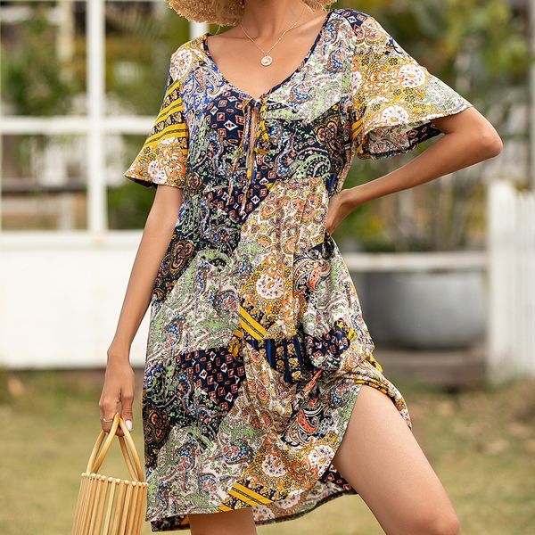 2021 summer new bohemian women resort beach style short sleeve dress, Black;gray
2021 summer new bohemian women resort beach style short sleeve dress, Black;gray