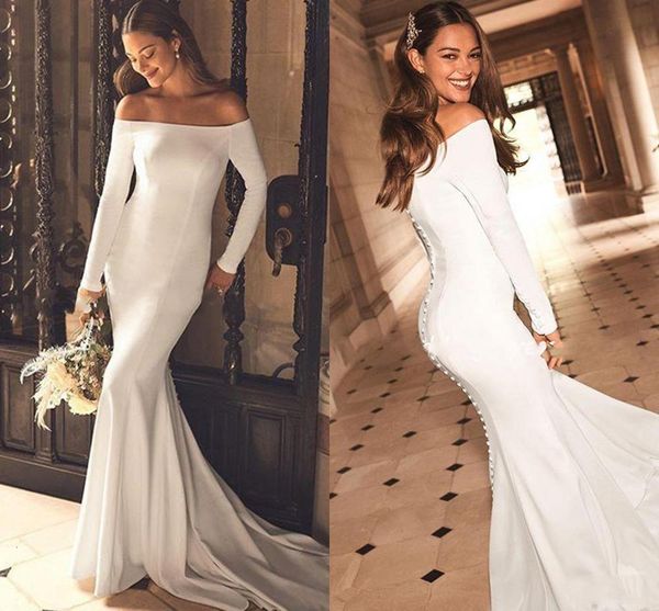 2021 new off shoulder mermaid es long sleeves satin wedding gown backless simple boho bride vestido de noiva ln5z, White
2021 new off shoulder mermaid es long sleeves satin wedding gown backless simple boho bride vestido de noiva ln5z, White